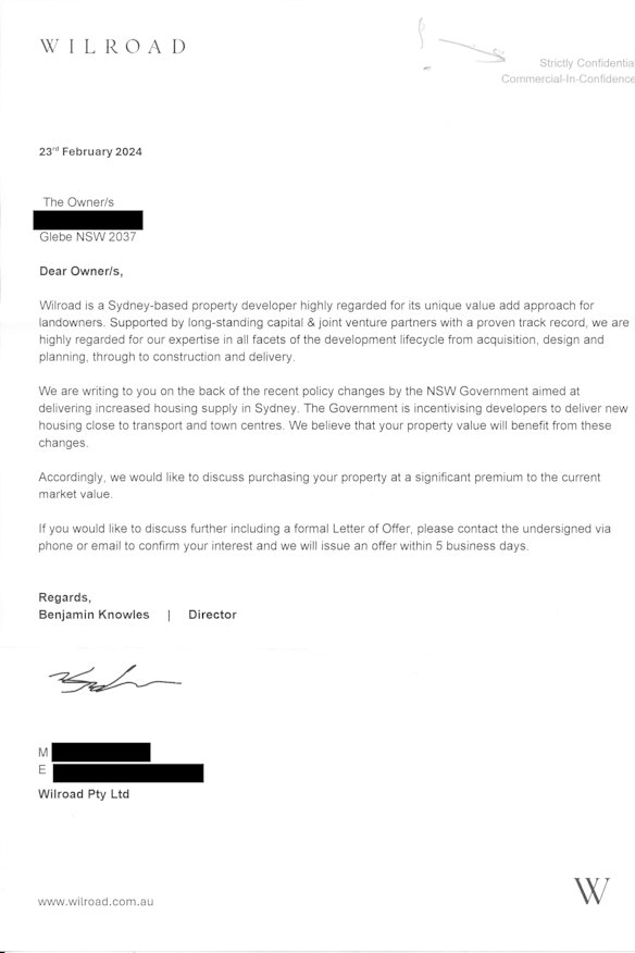 Developer Wilroad has sent letters to residents in Glebe seeking to buy their homes.