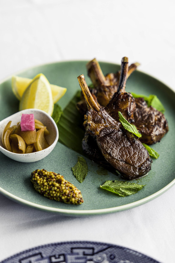 Char shui-style lamb cutlets with sweet onion and mustard.