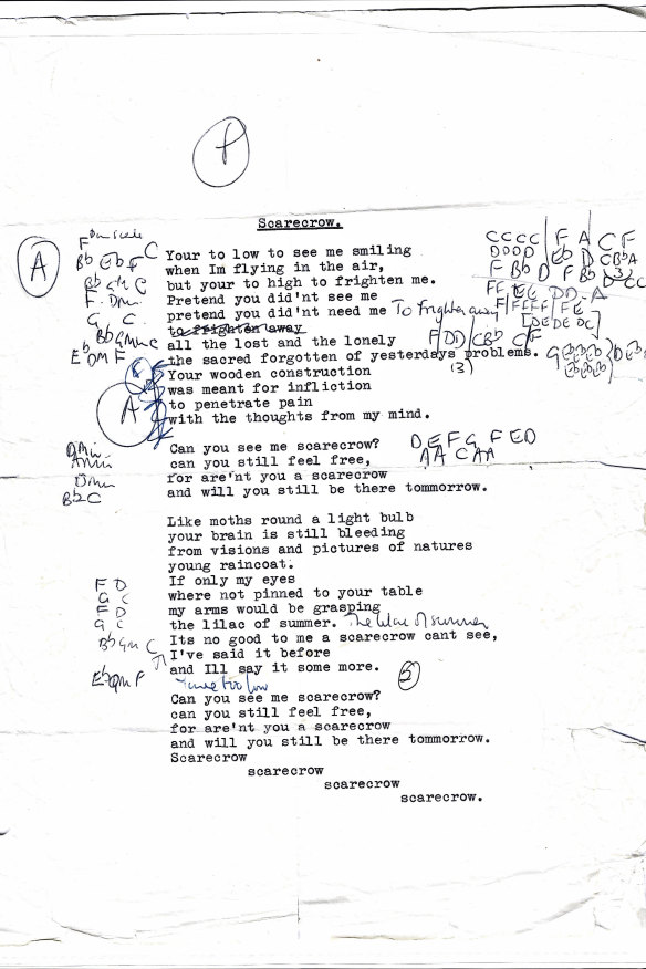 The original manuscript for “Scarecrow,” the first song Bernie Taupin wrote with Elton John. “Even though I had no idea of lyrical composition, Elton managed to make something of my freeform take on what I felt was currently in vogue. Note Elton’s chord chart scribbled in the margins.”
