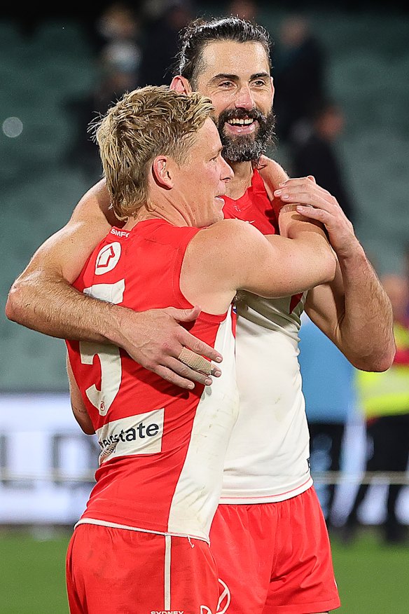 Grundy (pictured here with Isaac Heeney) is playing a key role for the Swans.