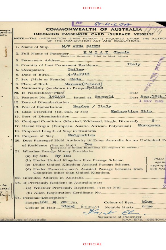 A document from Kwiat’s journey to Australia.