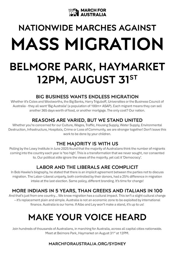 The March for Australia leaflet for Sydney.