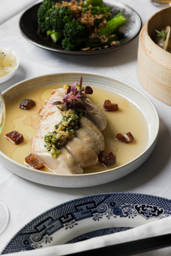 Drunken chicken with rice wine sauce and ginger shallot.