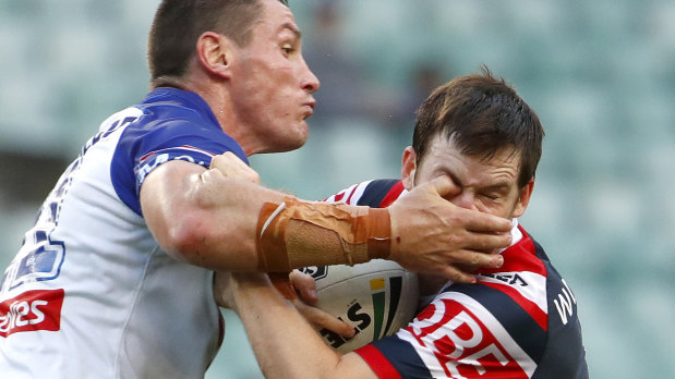 Luke Keary cops an accidental finger in the eye from Bulldog Josh Jackson.