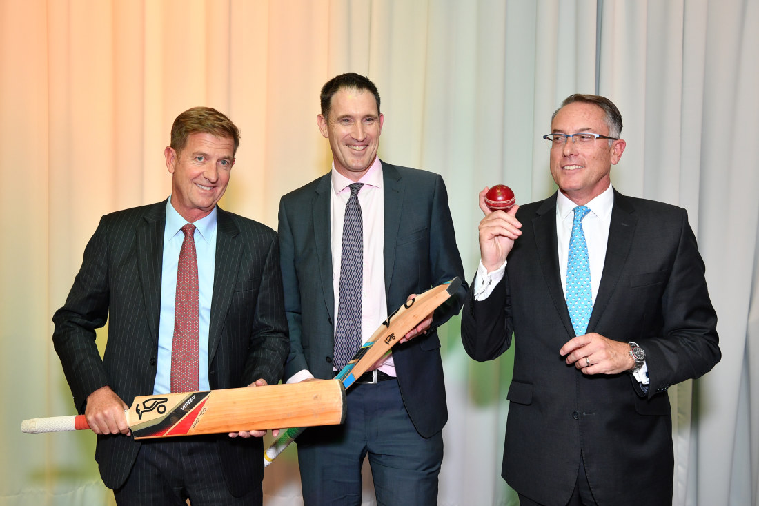 Tim Worner of Seven West, James Sutherland of Cricket Australia  and  Patrick Delaney, of Fox Sports, after   pose for a photo on on  April 13, 2018, after a $1.18 billion deal that put  limited-overs cricket internationals  behind a paywall for the first time in Australia. 