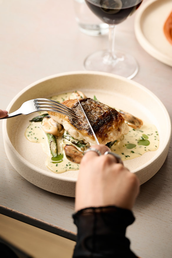 Snapper with asparagus and mussels avgolemono.