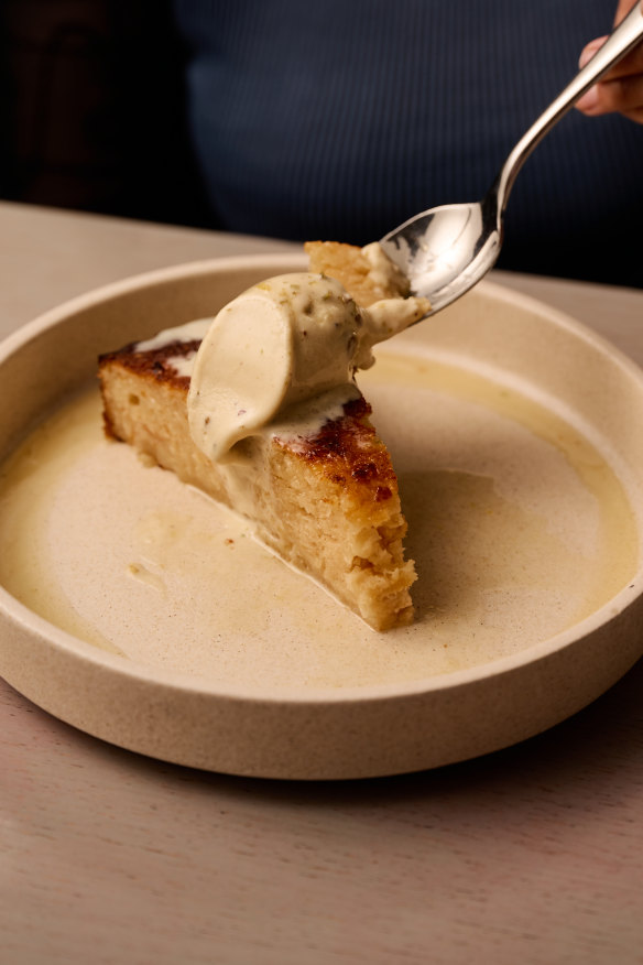 Orange filo pastry cake with cardamom and pistachio honey ice-cream.