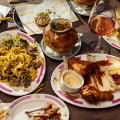 Thit kho pappardelle (left) with congee en croute and mala wings.