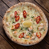 Chilli prawn pizza.