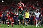 David Fusitu’a of Tonga flies above Josh Addo-Carr of Australia at Eden Park.