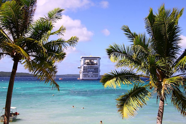 A cruise ship at the Pacific island of Lifou in New Caledonia.