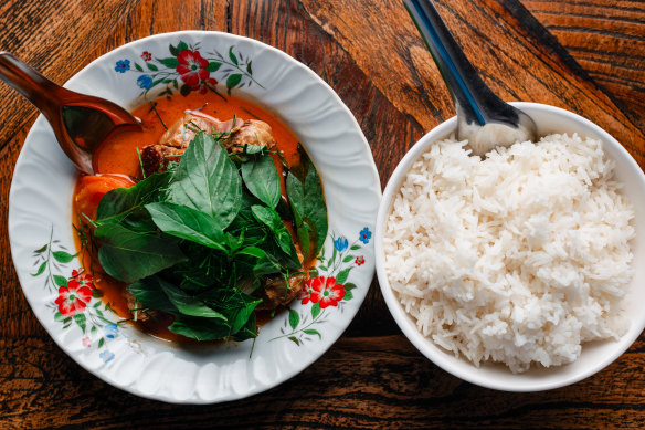 Red curry of barbecue duck with snake bean and sweet basil. 