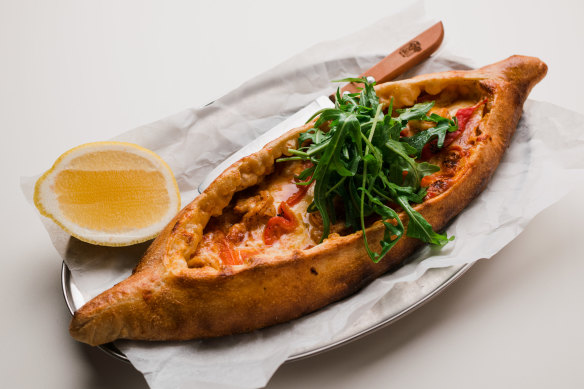 The ‘pidza’ is a Middle Eastern-inspired flatbread with a range of tasty toppings, including harissa prawns.