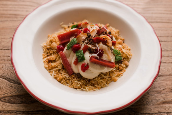 Rhubarb and coconut cheesecake with rhubarb and raspberry jelly.