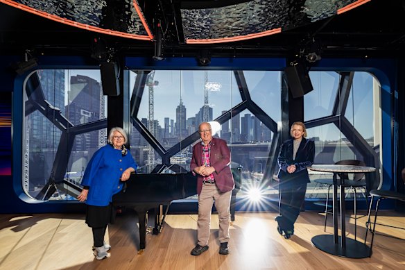 A new theatre at Melbourne Recital Centre. From left: Philanthropists Ruth and Peter McMullin, and MRC chief executive Sandra Willis.