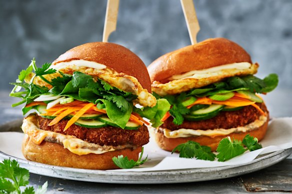 Karen Martini’s chicken banh mi burgers with soft-fried eggs.
