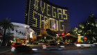 Hotel room lights spell out "Vegas Strong" at the Wynn hotel-casino along the Las Vegas Strip as casinos and other business are shuttered due to the coronavirus outbreak 