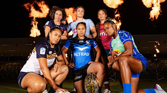 Super W captains [from left to right]: Melanie Kawa [Melbourne Rebels], Siokapesi Palu [ACT Brumbies], Cecilia Smith [QLD Reds], Piper Duck [NSW Waratahs] and Asinate Serevi [Fijian Drua].