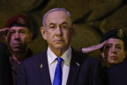 Benjamin Netanyahu at a wreath-laying ceremony marking Holocaust Remembrance Day at Yad Vashem, the World Holocaust Remembrance Centre, in Jerusalem on Monday.