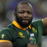 South Africa’s Ox Nche celebrates at the end of the Rugby World Cup quarterfinal match between France and South Africa at the Stade de France in Saint-Denis, near Paris Sunday, Oct. 15, 2023. South Africa won the match 29-28. (AP Photo/Thibault Camus)