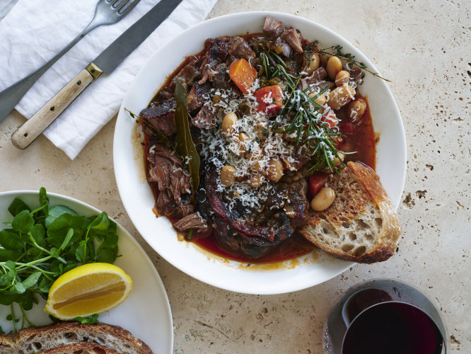 Karen Martini’s veal osso bucco with ’ndjua, rosemary, white wine and butter beans.