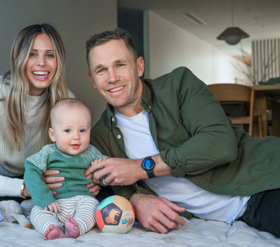 Brit and Joel Selwood with their baby son, Joey.