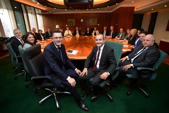 Newly-elected Premier Daniel Andrews with his first cabinet in 2014. Papers from cabinet meetings could become public within 30 days if minor parties have their way.