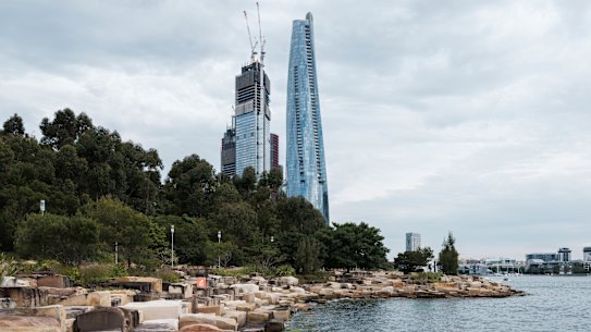 Crown’s One Barangaroo (right) and Lendlease’s One Sydney Harbour (left) now dominate the Barangaroo headland.