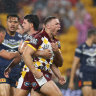 Billy Walters celebrates scoring for the Brisbane Broncos against the North Queensland Cowboys.