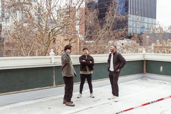 Mamas Dining Group crew (from left) Lucas Gugliandolo, Thai Ho and Michael Stolley on the former Madame Brussels rooftop.