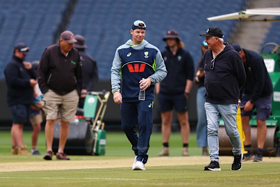 Steve Smith inspects the Test pitch on Christmas Day. 