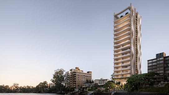 La textura ondulada se inspiró en “el movimiento del agua del río Brisbane”, dice una solicitud de desarrollo presentada al Ayuntamiento de Brisbane.