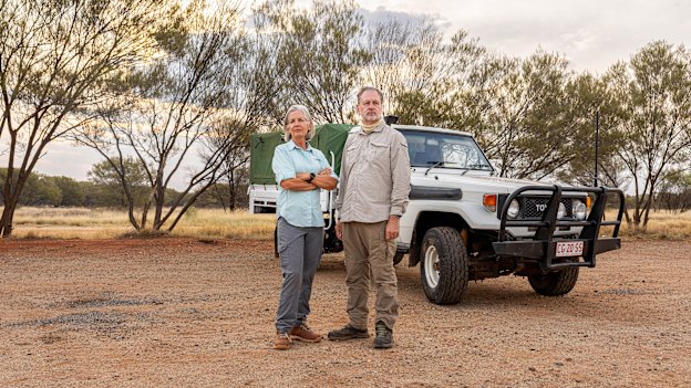 Geoforensic search specialist Dr Mark Harrison and Kathy Canning-Mello in front of replica of John Bradley Murdoch’s LandCruiser.