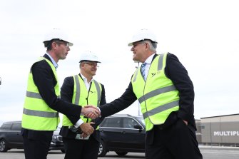 Dominic Perrottet and Scott Morrison at the Western Sydney Airport construction site on November 19.