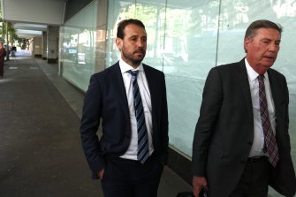Peter Minucos, left, leaving the ICAC on Monday.