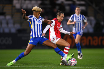 Caitlin Foord played 65 minutes for Arsenal against Brighton and is staring down the barrel of a Wembley showdown against Matildas teammate Sam Kerr.