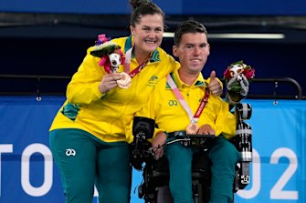 Daniel Michel and ramp assistant Ash McClure after winning Australia first boccia medals in 25 years. 