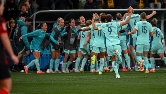 The Matildas celebrate their fourth goal during the FIFA Women’s World Cup Group B match between Australia and Canada.