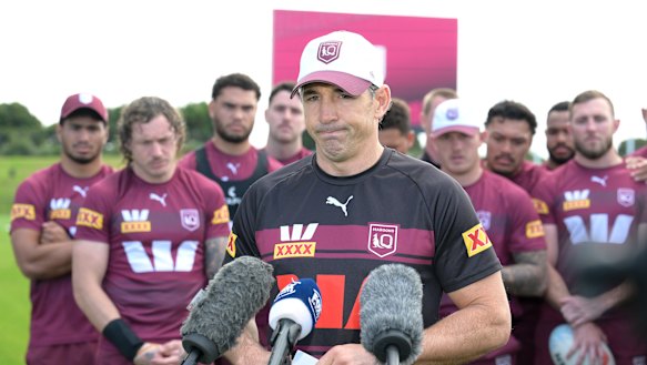 Billy Slater fronts media with his Maroons players on Sunday to announce the death of Cam Munster’s father.