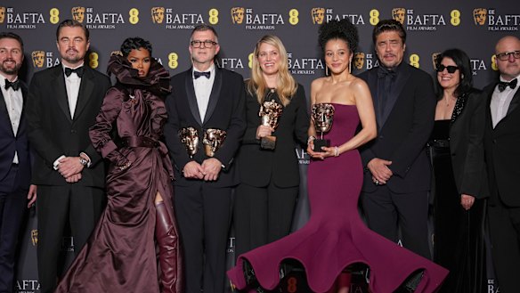 The ‘One Battle After Another’ cast at the BAFTAs last month: Leonardo DiCaprio (second from left) is beside Teyana Taylor; Chase Infiniti and Benicio del Toro are 6th and 7th from left.