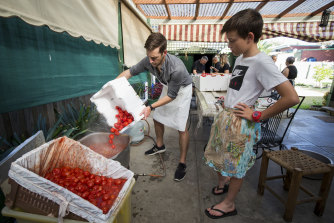 Nathan Jones, left, and Seb Poole load tomatoes into a vat to be heated.