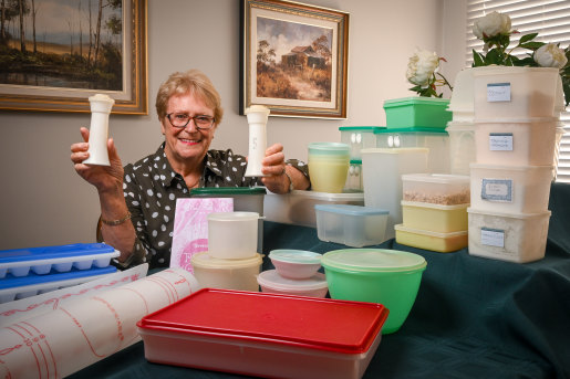 Sally Burke and her Tupperware collection at her home in Berwick.