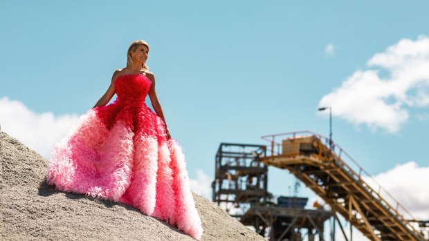 Julie Bishop dons a  extravagant gown by South Australian dressmaker Jaimie Sortino at the Mt Marion lithium mine in outback WA.