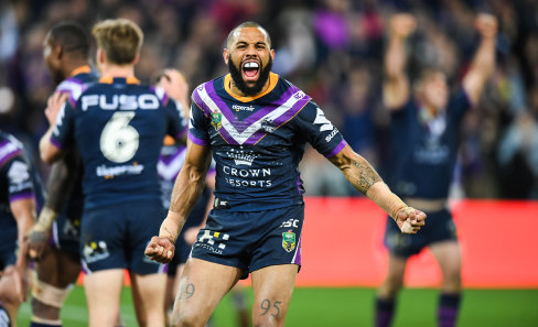Thriller: Josh Addo-Carr celebrates Melbourne's come-from-behind win on Friday night.