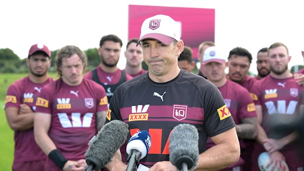 Billy Slater fronts media with his Maroons players on Sunday to announce the death of Cam Munster’s father.