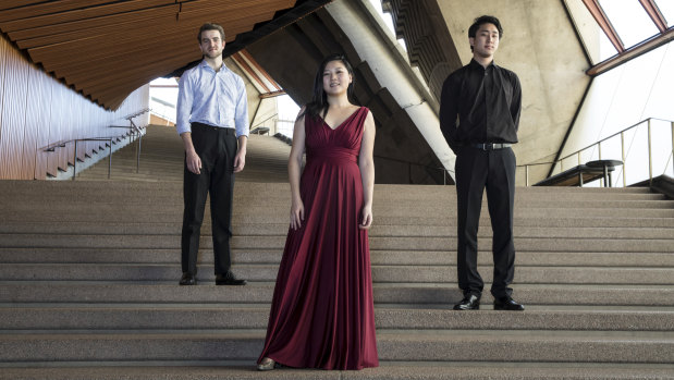 ABC Young Performer Of The Year finalists (from left) Oliver Shermacher (clarinet), Emily Sun (violin) and Kevin Chow (piano) at the Opera House