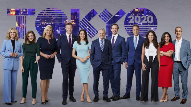 Seven’s Tokyo Olympics hosting team, led by veteran Bruce McAvaney (centre), who is synonymous with Olympic Games broadcasting.