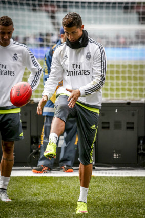 Cristiano Ronaldo kicks the Sherrin ahead of the 2015 International Champions Cup in Melbourne.