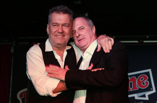 Jimmy Barnes with Michael Gudinski after he presented the Rolling Stone Award to Michael at the Rolling Stone 4th Annual Awards at Bondi, 2013