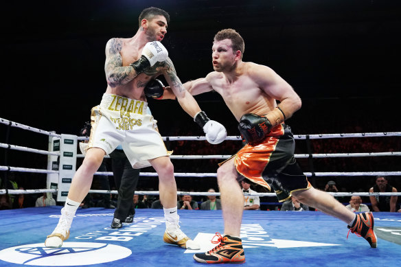 Australian boxers Michael Zerafa, left, and Jeff Horn, right, competing in Bendigo. 